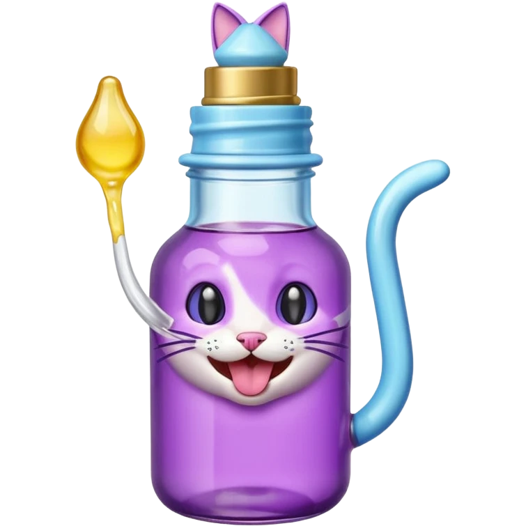 Smiling bottle of oil light purple top and light blue sticking tongue out and with cat ears emoji