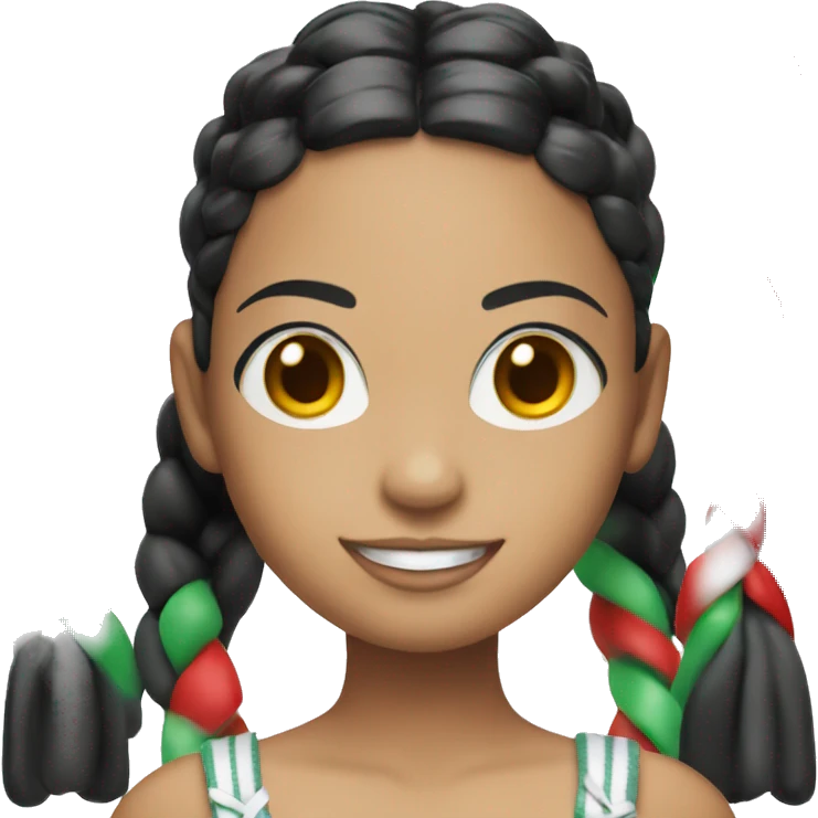 Doll with black hair in two braids with red, green, white ribbons smiling  emoji