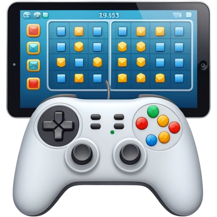 Icon for Game Design: a computer screen with a game interface, game controller, and design elements like a grid and 3D models. Transparent background. emoji
