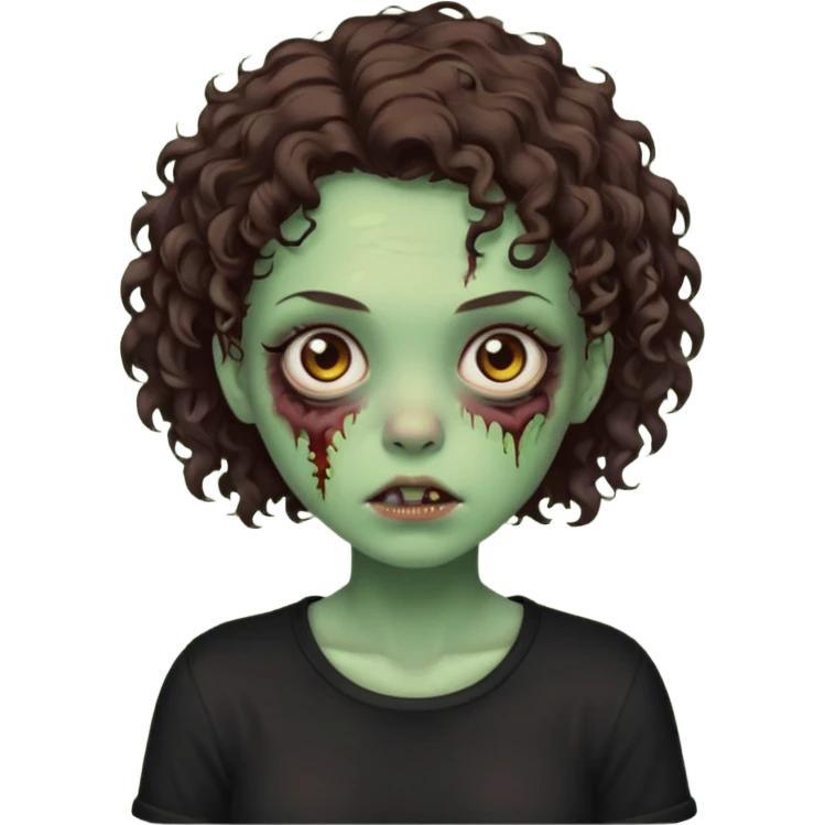 Zombie girl emoji verde um pouco escuro com cabelo curto cacheado castanho no ombro com uma blusa preta emoji