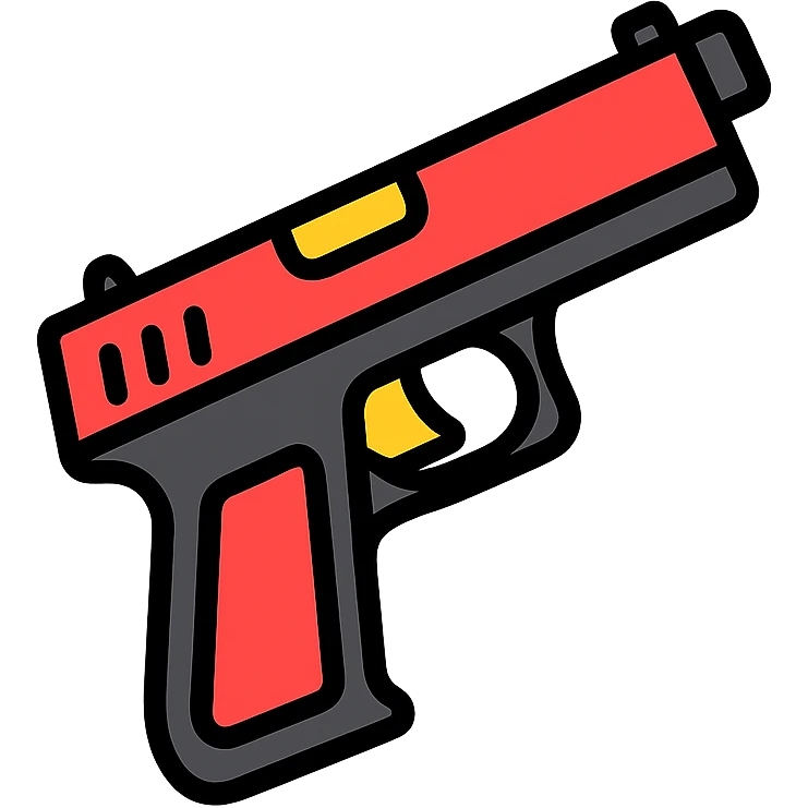 slanted hand gun in red and black colors, icon style emoji