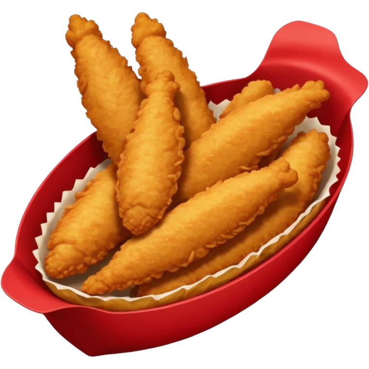 5 breaded chicken tenders of varying sizes and shapes in a red paper food boat emoji