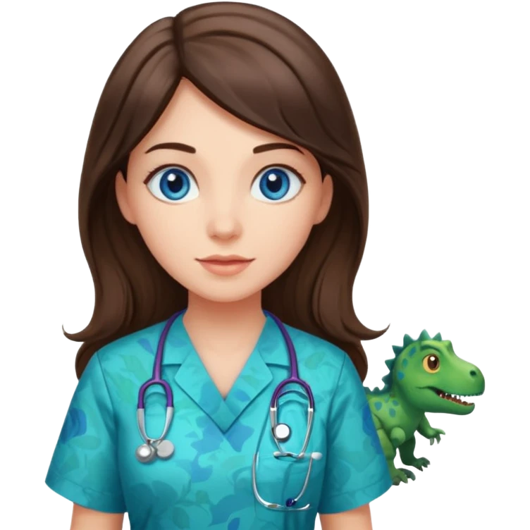 pretty brunette nurse with long hair and blue eyes in dinosaur pattern scrubs emoji