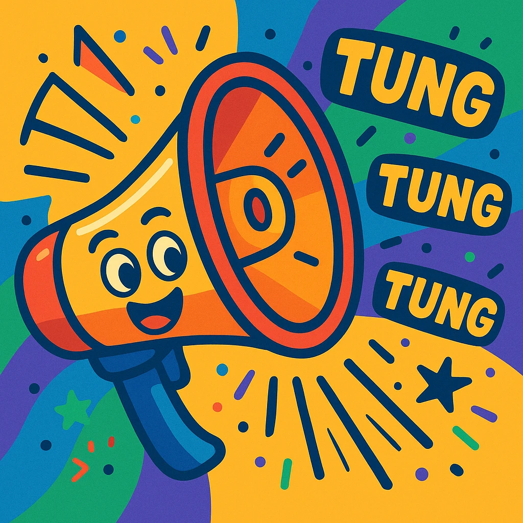 cheerful megaphone with sound waves and 'tung tung tung' comic effects, symbolizing sahur wake-up call, colorful and lively emoji