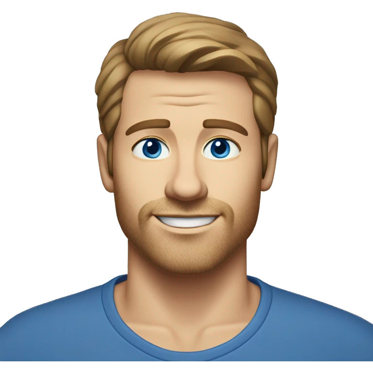 A head and shoulders shot of a 34 year old white man, with short brown hair, with stubble facial hair,   with blue eyes wearing a t-shirt. emoji