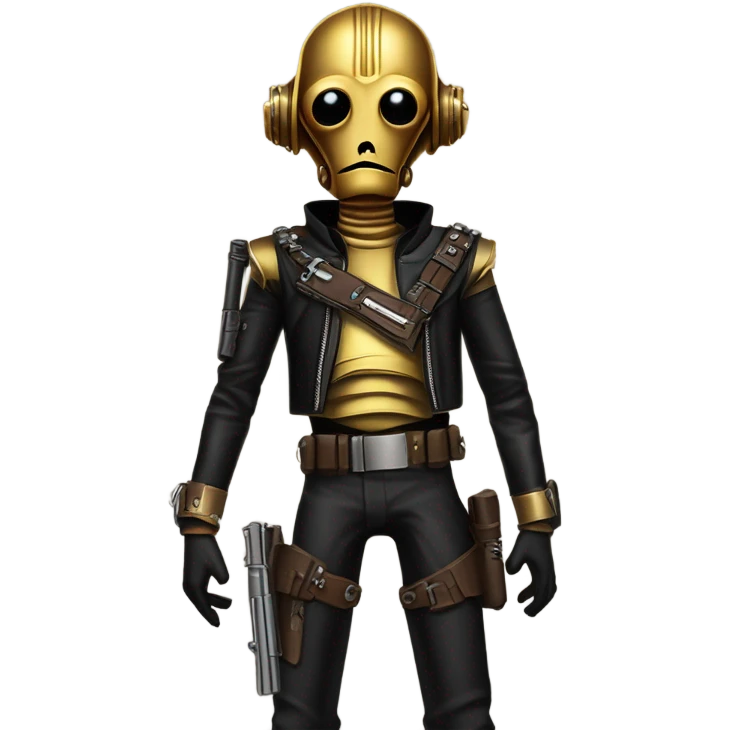 battle rough and tough bounty hunter c3Po wearing Satan’s leather biker outfit with guns hat on head. walking emoji