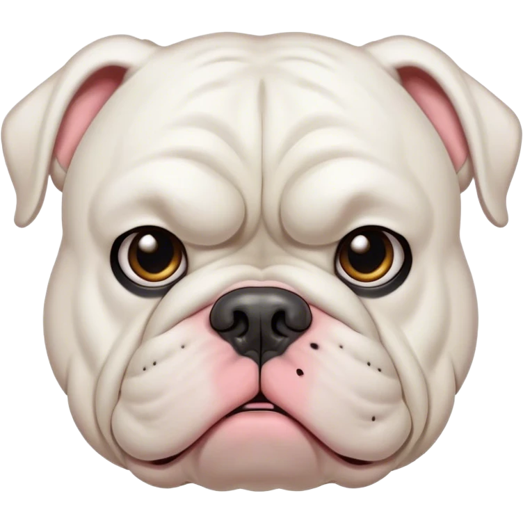 Cinematic Grumpy White American Bulldog Portrait Emoji, Head tilted slightly with a deeply unimpressed expression, thick white fur with a slight wrinkling around the jowls and brow, large, droopy eyes narrowed into an unamused glare, jowls slightly sagging in exasperation, Simplified yet comically expressive features, highly detailed, glowing with a dry, sarcastic glow, high shine, effortlessly judgmental yet dignified, stylized with a touch of cynicism, bright but brooding, soft glowing outline, capturing the essence of an eternally unimpressed yet endearing pup, so lifelike it feels like it could sigh heavily at you in disdain at any moment! emoji