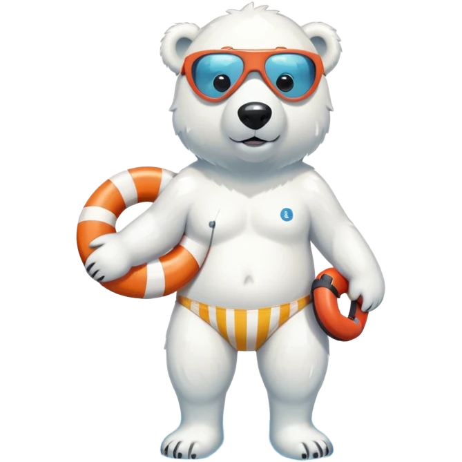 full body friendly anthropomorphised polar bear wearing striped swim shorts and swim goggles, standing in a puddle and holding a life buoy emoji