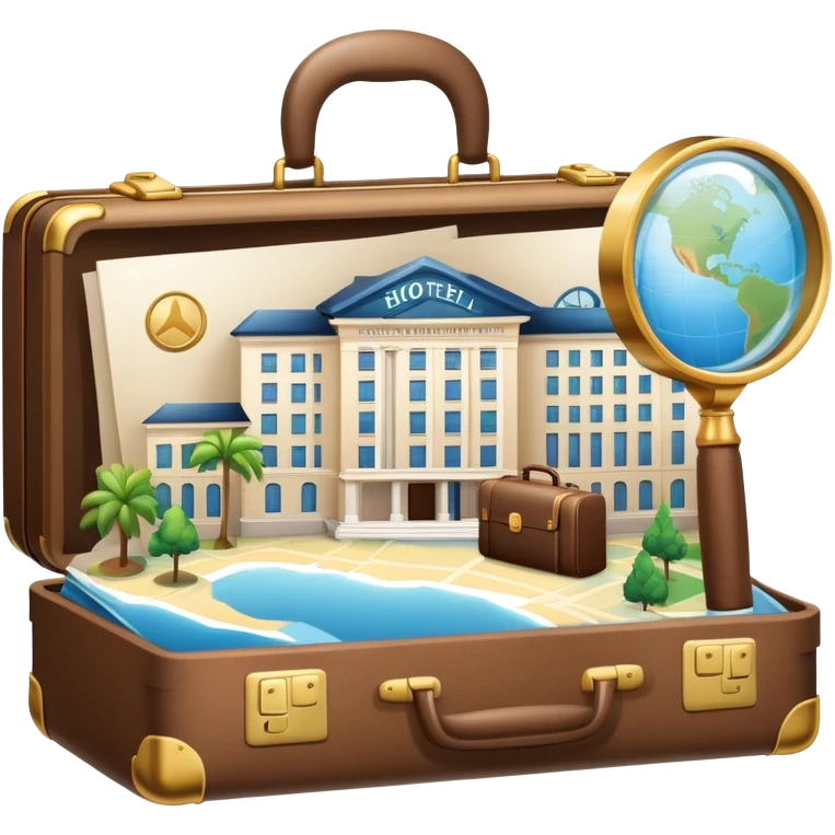 An icon featuring a suitcase, a hotel building, symbolizing the academic study of tourism and hospitality. The design includes a travel map and a magnifying glass, representing research into destinations and hospitality management. Transparent background emoji