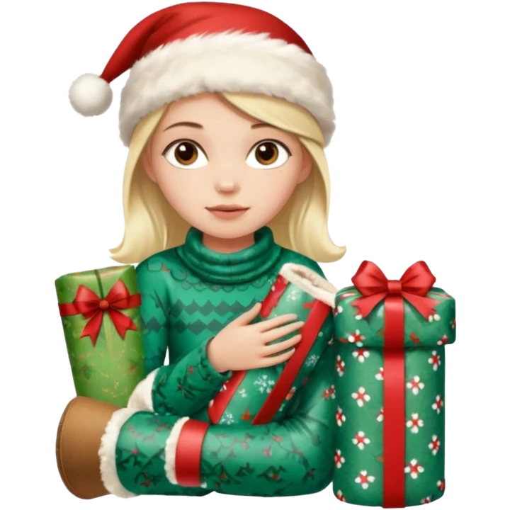 a girl wrapping ugg boots in christmas wrapping paper emoji