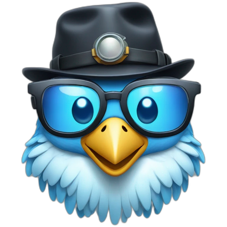 Crazy funny Cyberpunk Articuno head with beautiful smile wearing glasses and hat emoji