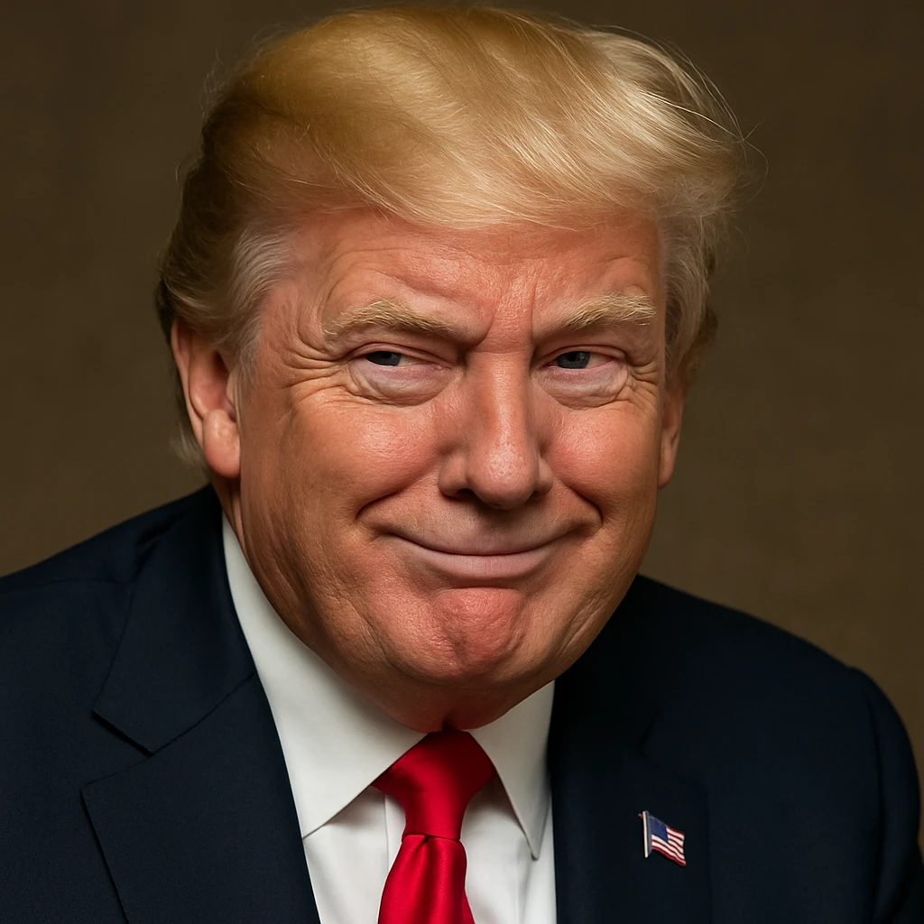 Enhance photorealism and vividness even further, keeping the very sly, cunning expression on Donald Trump's face, plain background, and a polished, high-quality finish in photorealistic style. emoji