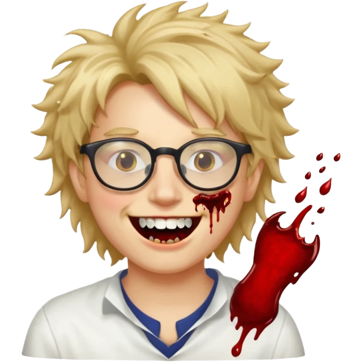 Cabelo bagunçado com oculos sorrindo com metade do rosto com dente de ouro e saindo sangue da boca  emoji