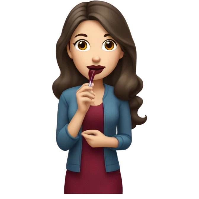 White brunette girl dressed in burgundy putting lipgloss on her lips emoji