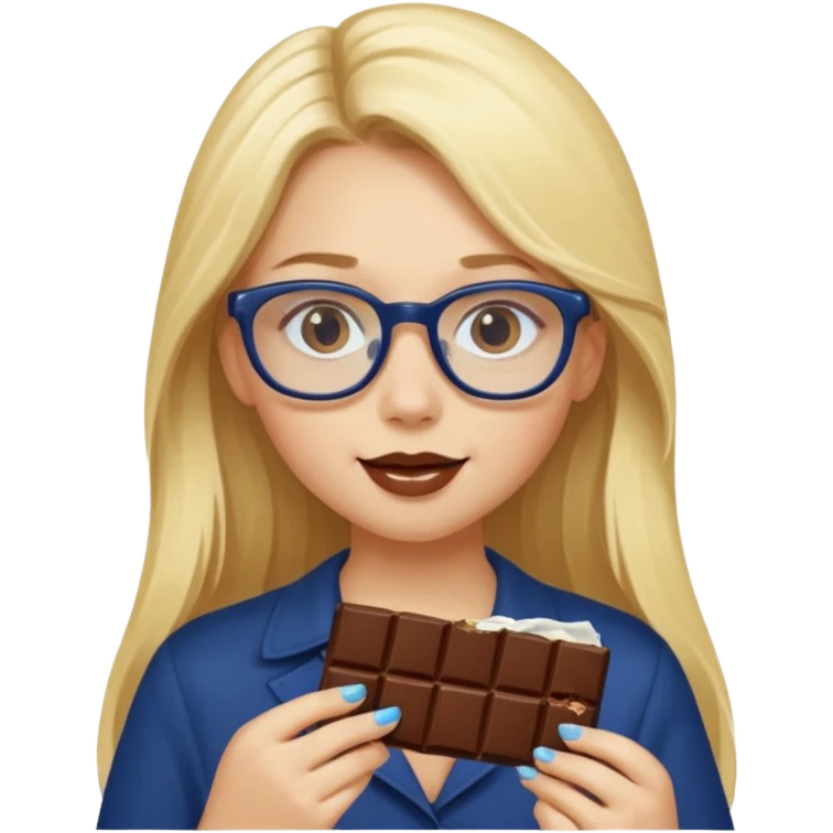 Blonde long haired girl with navy blue framed glasses eating chocolate emoji