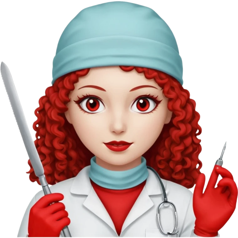 Scary woman scalpel in hand, evil surgeon sexy surgeon clothes.  She has red eyes. Her  brown long curly hair. Wears sexy doctor outfit with red gloves. make her wear red ski mask  to hide. Wears white surge9n jcketneb emoji