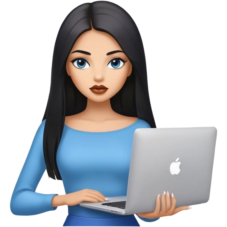 Glamours, tanned, very beautiful girl, with big pump beige lips, black straight smooth silky long hair, straight parting, blue-grey eyes, holding MacBook emoji