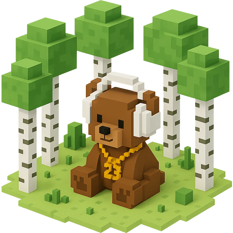 березовый лес, в котором сидит бурый медвежонок в белых наушниках (наушники должны закрывать уши медведя), на медведе цепь с подвеской "23", no background  emoji