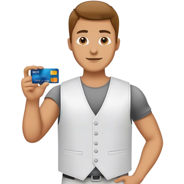 The guy in the white vest is holding a credit card.  emoji