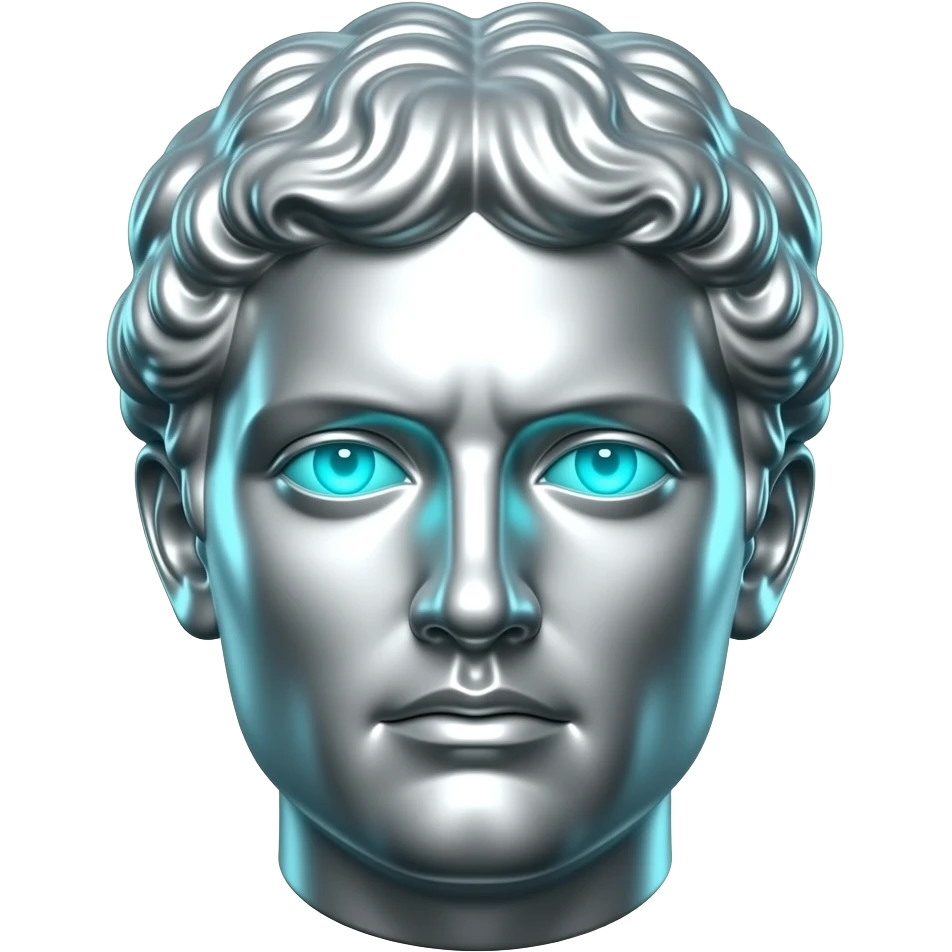 "A glasy/chrome stoic Greek statue head, front-facing, serious focused expression, glowing cyan (#00D4B1) eyes, dark background. Chrome reflections with subtle cyan light accents. Clean, no background, emoji style, high detail. The statue represents discipline, focus and self-mastery." emoji
