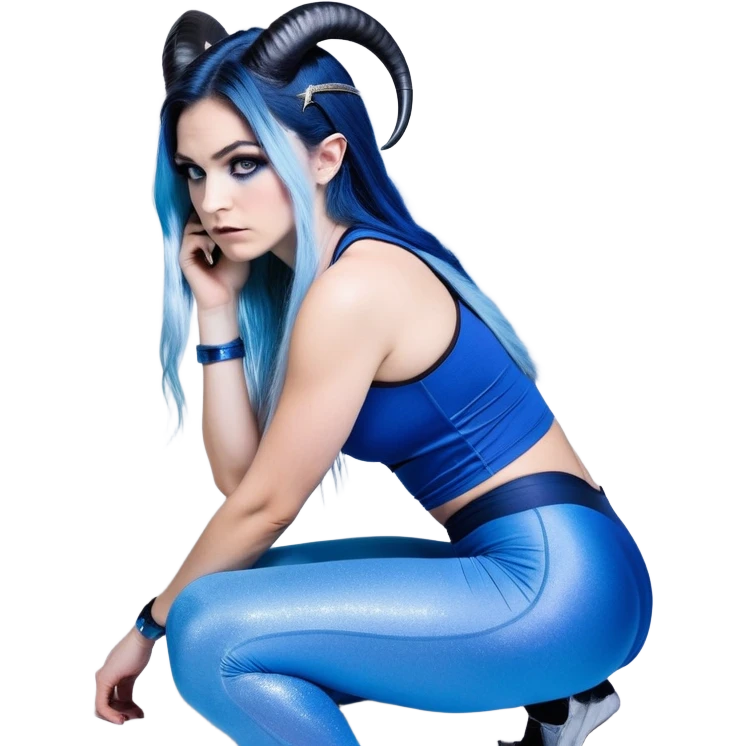 Disapponted-big tears-head back texting on phone-very very large upper body-sexy face-bending forward at waist-very long very straight dark blue to light blue ombre hair-and-blue eyes-thick black eyeliner-goat horns-iridescent blue lowcut tanktop with black leggings with glitter superman logo emoji