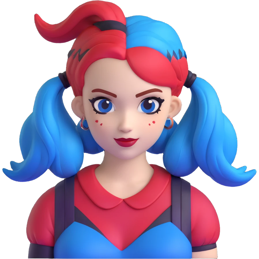 hair styled like Harley Quinn with blue and red pigtails emoji