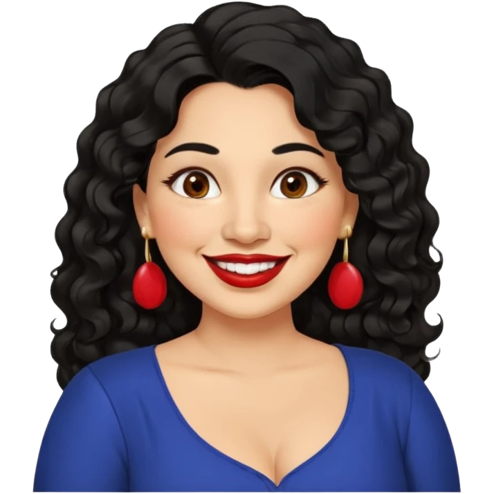40 yr old Mexican woman, slightly chubby, wavy/curly long black hair, red lipstick, big smile, white teeth, brown eyes, hoop earings, side part to hair, round face, nice blouse, no wrinkle hair side swept, big hoop earing emoji
