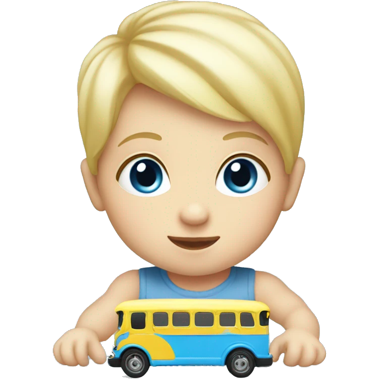 Baby playing with a toy bus blue eyes and blonde hair  emoji