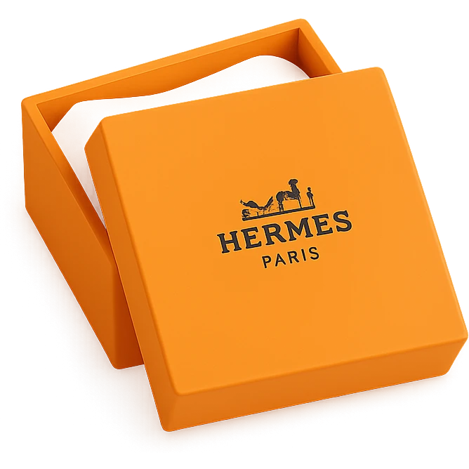 Add the Hermès logo to the center of the 3D orange box, which is slightly open with tissue paper inside. Keep the same square shape and proportions, minimal style, on a white or transparent background. emoji