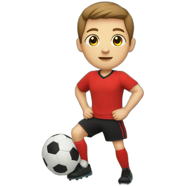 WHITE CHILD, BROWN HAIR, BLACK EYE, STRAIGHT WITH RED SHIRT AND BLACK SHORTS PLAYING SOCCER emoji