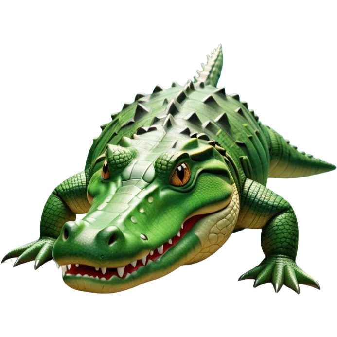cinematic-crocodile-realistic-full-body-on all fours-emoji,-massive-scaled-body-partially-submerged-in-shallow-water,-head-tilted-dramatically,-rough-green-and-brown-hide-textured-with-deep-ridges,-simplified-yet-realistic-focused-features, head held high emoji