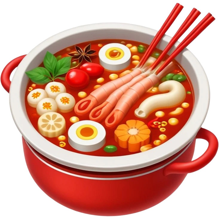 Chinese hot pot, bubbling red spicy broth with variety of ingredients, emoji style emoji