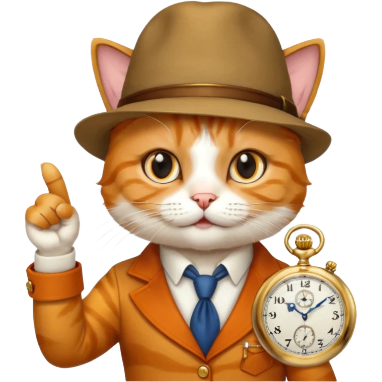 Cheesier cat pointing at a pocket watch wearing a hat emoji