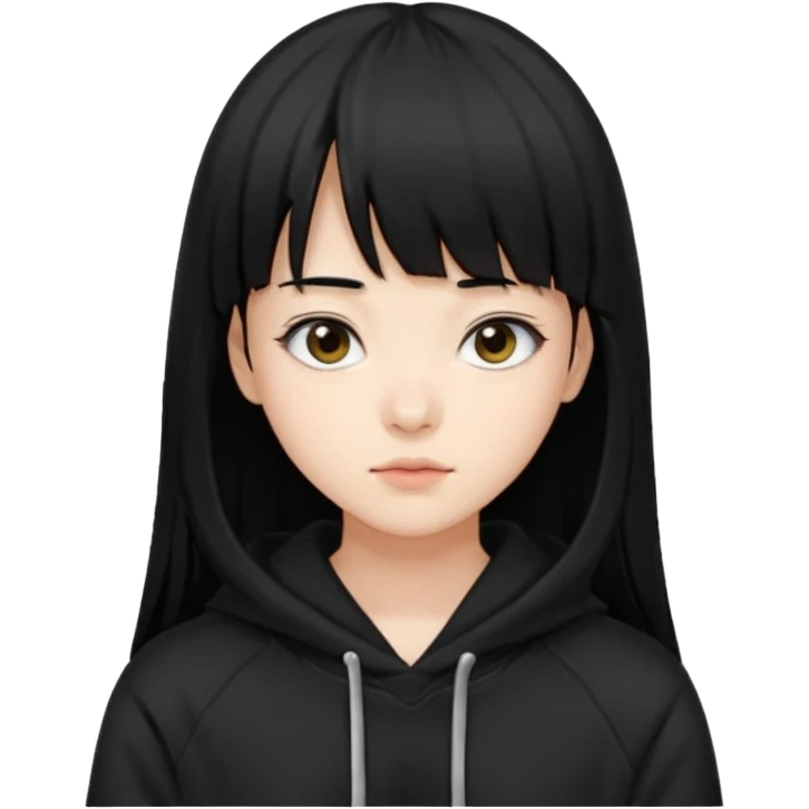 후드티 입은 초딩여자 아이.후드 안 씀. 검은색 후드티와 검은 머리. 머리는 긴 셍머리. 앞머리 있음 emoji