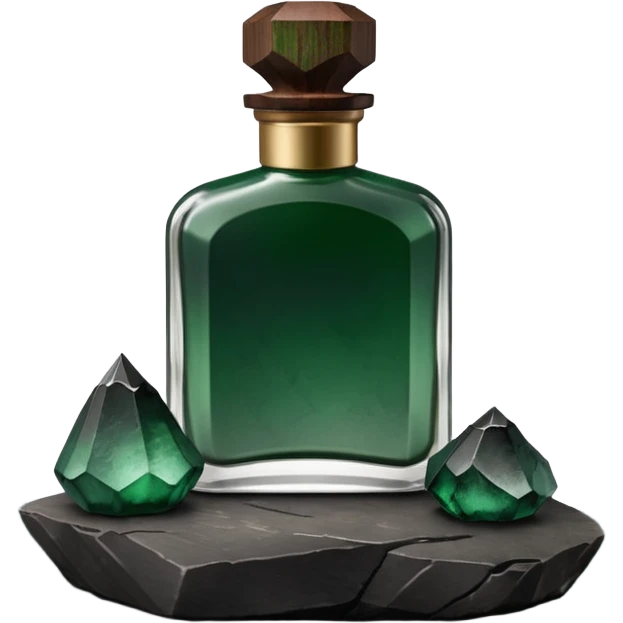 A masculine fragrance bottle featuring a gradient of deep forest green to charred black glass. The cap is made of dark walnut wood. The bottle is placed on a jagged piece of slate rock with a faint mist in the background. Earthy, moody, textured, photorealistic. emoji