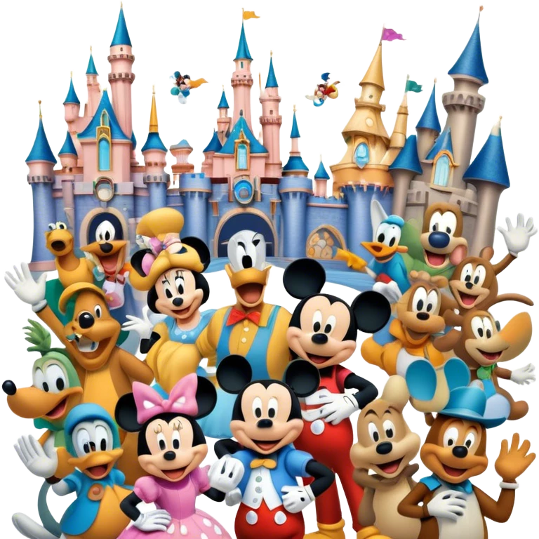 Colorful icon for Animated Movies: A vibrant collage featuring iconic characters like Goofy, Mickey Mouse, Franco, Masha and the Bear and Luntik. Each character should be large and bright, set against a cheerful and playful background of Disneyland. Transparent background. emoji