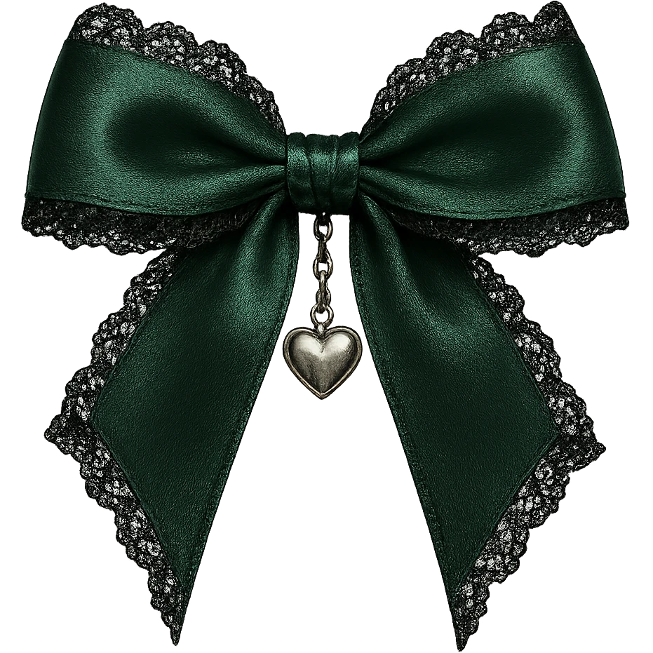 green gothic bow with black lace trim and heart charm, remove background emoji