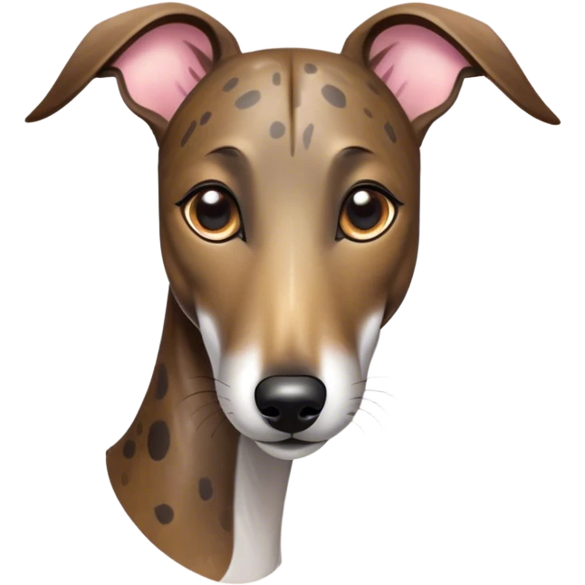 Cinematic Cute Brindle Greyhound Portrait Emoji, Head tilted playfully and inquisitively, featuring a sleek brindle Fur with subtle variations and round, sparkling eyes filled with curiosity, Simplified yet irresistibly adorable features, highly detailed, glowing with a warm, friendly glow, high shine, affectionate and nimble, stylized with a touch of whimsy, bright and endearing, soft glowing outline, capturing the essence of a mischievous yet loving companion, so playful it feels like it could sprint out of the screen and into your arms! emoji