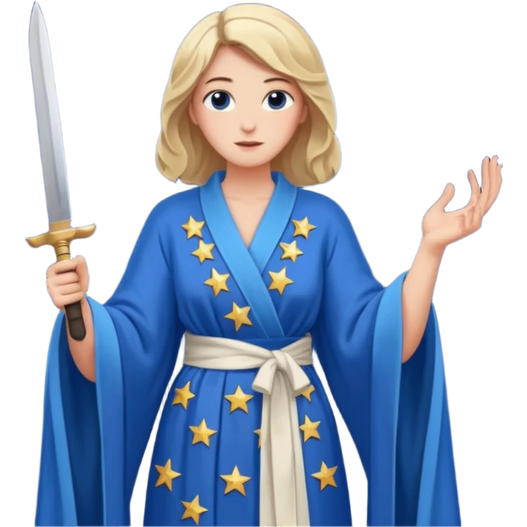 An upright Europe (a tall woman), wearing a blue, flowing robe with stars on the hem, and behind her stands Chancellor Merz, holding a knife toward her back 
you forgot chanccellor merz behind her emoji