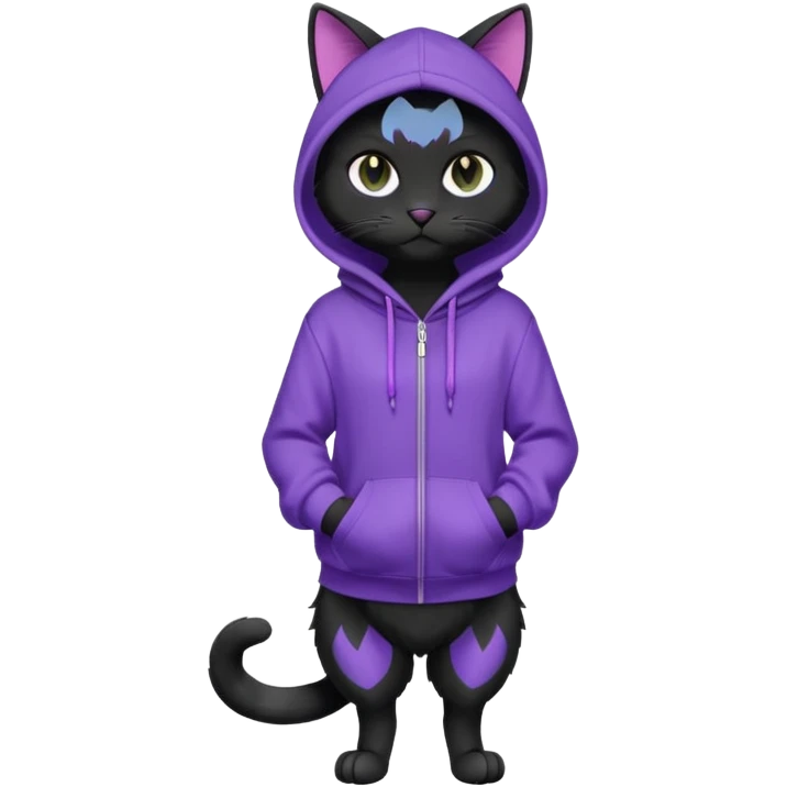 Black cat wearing a violet hoodie fursona (full body) emoji
