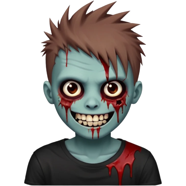 zombie boy with brown emo spiky hair, white skin, and white eyes; an open smile, and bloodied teeth; emoji