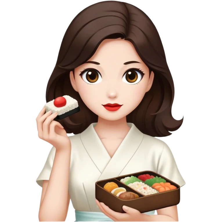 Beautiful woman in 1950’s woman fashion look, white dress, long dark brown hair, Japanese bento emoji