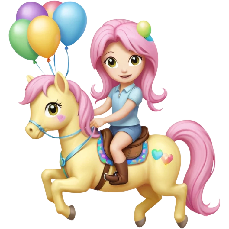 fluttershy mlp holding colorful balloons tied to its saddle, looking cheerful. emoji