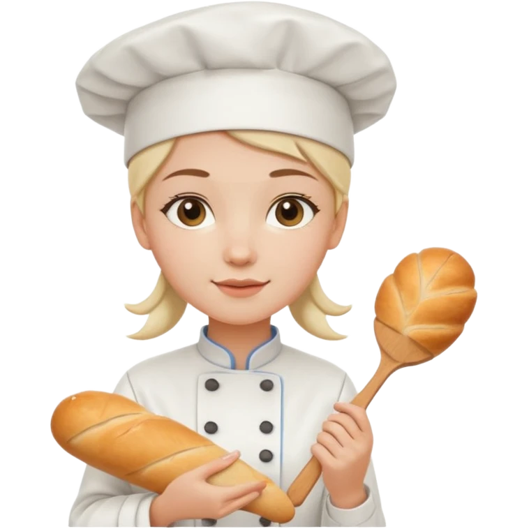 Young female baker - wearing a white chef's hat, holding a cream piping bag and bread in her hand emoji