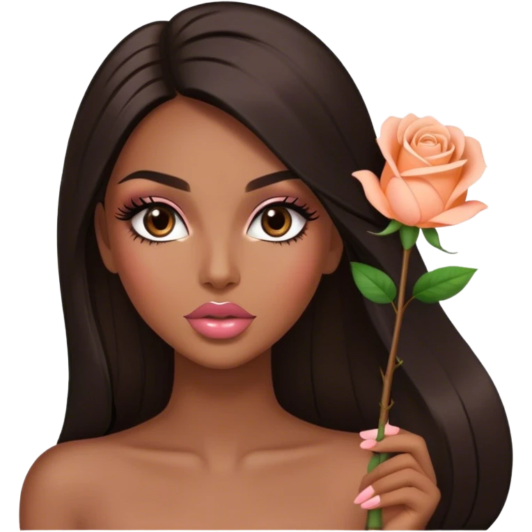 Glamorous , brown, very beautiful girl, with big pump peach-beige-rose lips, long long lashes, black straight smooth silky long hair, straight parting hair, brown eyes emoji