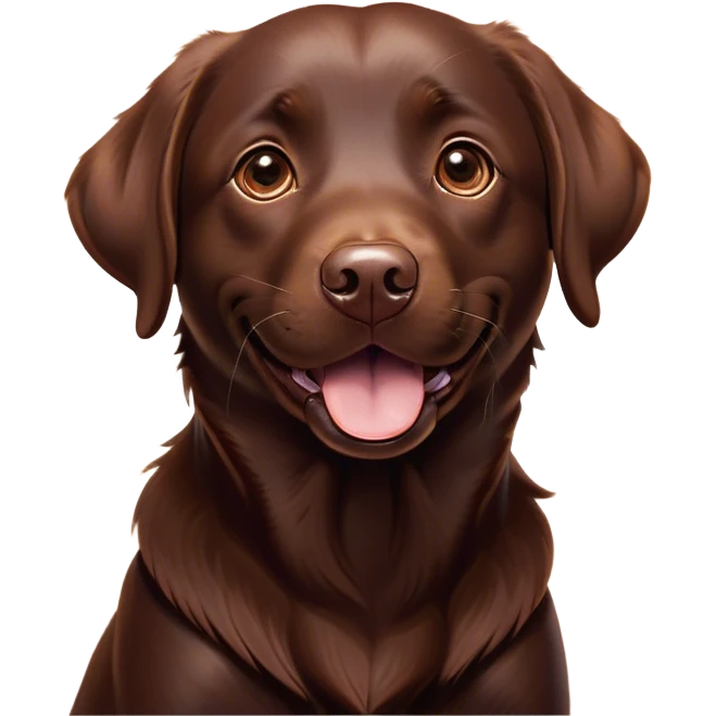 Cinematic Comical Chocolate Labrador Portrait Emoji, Head tilted dramatically with an exaggeratedly amused expression, featuring a glossy chocolate Fur with a rich, radiant finish, wide, expressive brown eyes filled with playful disbelief, Simplified yet hilariously expressive features, highly detailed, glowing with a slightly sassy glow, high shine, dramatic yet playful, stylized with an air of cheeky mischief, bright and endearing, soft glowing outline, capturing the essence of a spirited and over-the-top companion, so meme-worthy it feels like it could side-eye its way into internet fame instantly! emoji