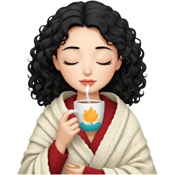 Gözleri kapalı, beyaz tenli ve dalgalı-kıvırcık siyah saçlı saç boyu orta omuzlarının biraz aşağısında bir kadın avatar, battaniyeye sarılmış halde beyaz bir Türk kahvesi fincanından içeceğini huzurla yudumluyor. emoji