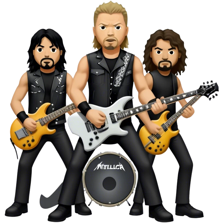 Icon for Metal Music: Metallica band members detailed in their signature look. James Hetfield with guitar, Lars Ulrich on drums, Kirk Hammett with his electric guitar, and Robert Trujillo playing bass. Bold, energetic style with musical notes, all in a heavy metal aesthetic. Transparent background. emoji