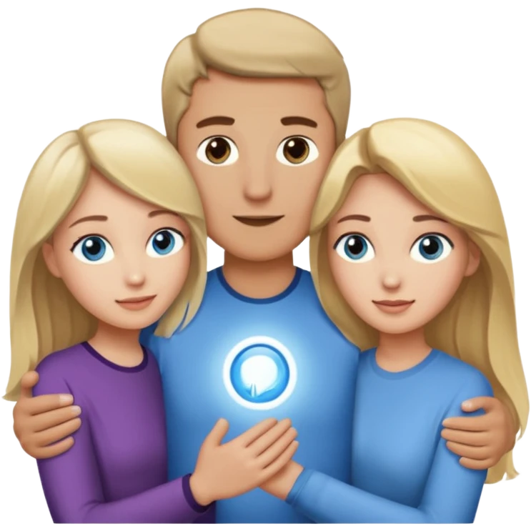 3 people. Throuple. Blank woman with blond hair and blue eye color on left. And also a blank man with brown hair and grey eye color in the middle. And a blank woman with brown hair and grey eye color on the right. Holding each other emoji