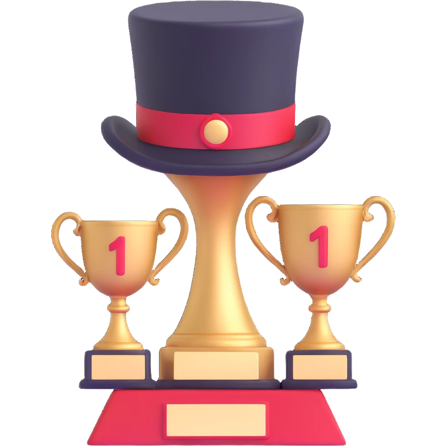 playful trophy with top hat as the cup, #1 on the base emoji